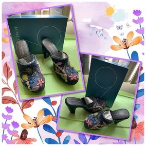 Nine West Floral Embroidery Blue Clog Mules